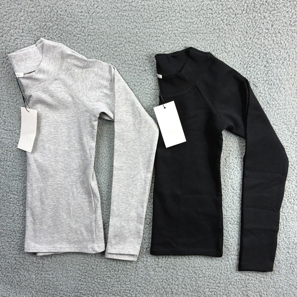 Zara Ribbed Mock Neck Top Womens L Gray Black Long Sleeve Knit Basic Lot of 2